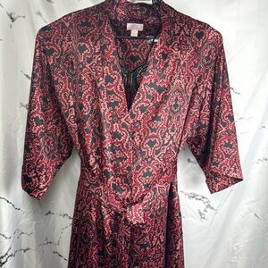 Cabernet Woman Satin Robe 3/4 Sleeve Paisley Print Stitched Belt with Pockets 1X